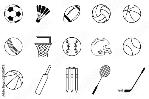 Sport balls icon set black and white. Set of black and white balls sports icons vector image.  Baseball Bat, Basketball Hoop, Soccer Ball, Tennis Racket and more icon set. Vector illustration.