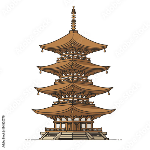 Traditional Japanese pagoda with curved roofs, flat vector isolated