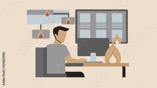 Man at desk with computer and burning flames representing system failure and network issues at work