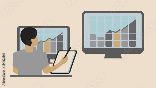 Person analyzing data on computer screens with a tablet and stylus in a beige colored room setting