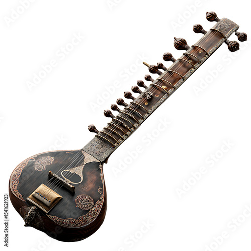 Ornate sitar, a traditional indian stringed instrument.
