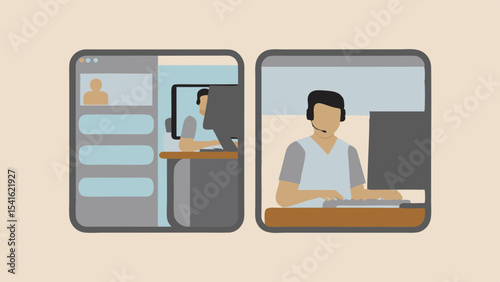 Two screens showing customer service representatives working at their computers with headsets on