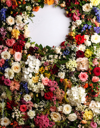 Mural semi cubierto con flores de diferentes colores con un espacio central circular