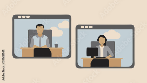 Two people in video conference calls on their computers with clouds in the background at their desks