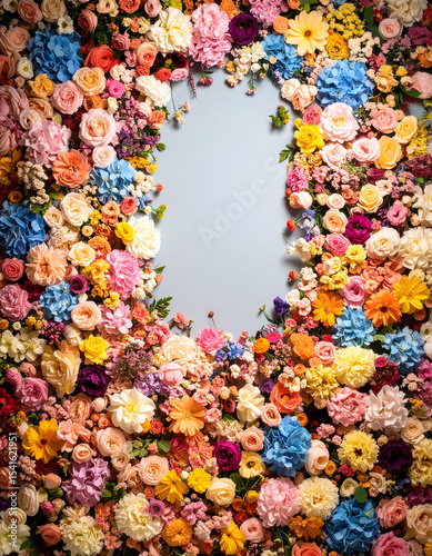 Mural semi cubierto con flores de diferentes colores con un espacio central ovalado