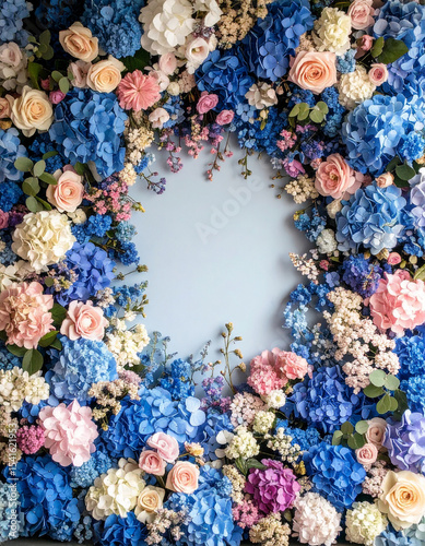 Mural semi cubierto con flores azules, blancas y rosas con un espacio central