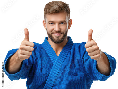 Martial Artist's Approval: A confident martial artist in a traditional blue uniform gives a double thumbs-up, conveying positivity and endorsement.