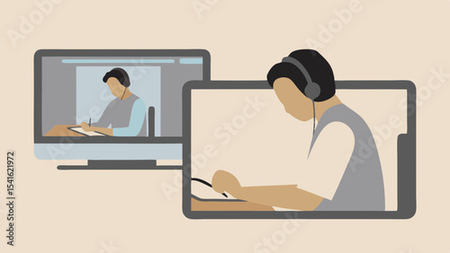 Illustration of two screens showing a person drawing with a stylus and wearing headphones online