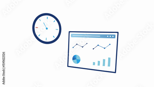 Illustration showing a clock with a webpage displaying charts and graphs for time management analysis