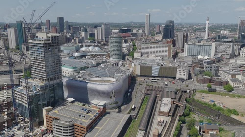 Establishing aerial view of the skyline of Birmingham, city in England, United Kingdom.