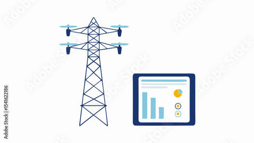 Illustration of a drone inspecting a power line tower with a data report on a tablet device shown