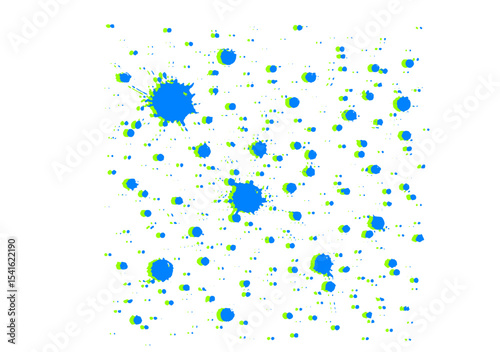 Abstract blue and green splatters of varying sizes scattered across a white background, resembling a colorful explosion.