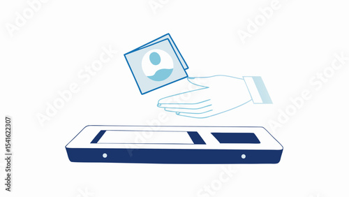 Hand presenting profile cards over a scanner device in blue and white minimalist illustration style