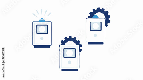 Illustration of three white boxes with screens and blue accents and gears on a white background