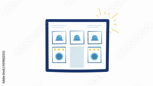 Illustration of a screen displaying three bell icons and two washing machine icons with a shine effect
