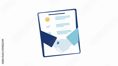 Illustration of a contract document with a handshake symbolizing an agreement reached and finalized