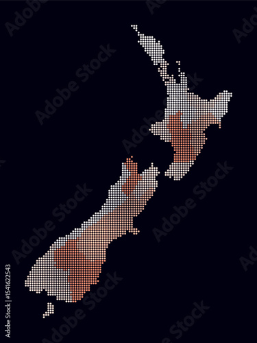 New Zealand dotted map. Digital style map of the country on a dark background. New Zealand shape with circle dots. Colored dots style. Small-sized circles. Trending vector illustration.