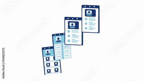 Illustration of several documents stacked diagonally with profile icons and bullet points 100 char