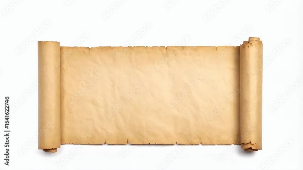 Antique parchment scroll unfolded on a white background, aged paper with weathered edges, blank space perfect for text or a map, old style message