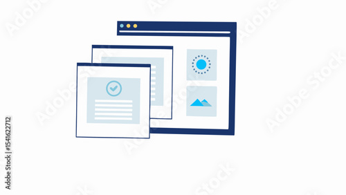 Illustration of documents with a checkmark and a browser window with a loading icon and image