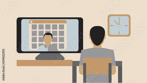 Person attending a virtual meeting with calendar on screen and clock on the wall in the background