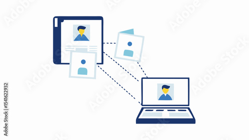 Digital profiles connected between a tablet, laptop and floating profile cards online with dotted lines