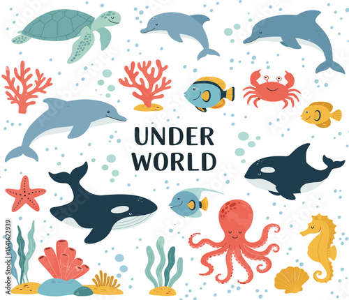 Cute underwater world vector illustration, ocean animals clipart with fish, dolphin, whale, turtle, coral reef, sea life cartoon