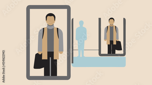 Man with bag in frames and statue on display showing different perspectives and angles of the same person
