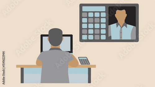 Person at desk with computer and calculator looking at video call with another person on the screen