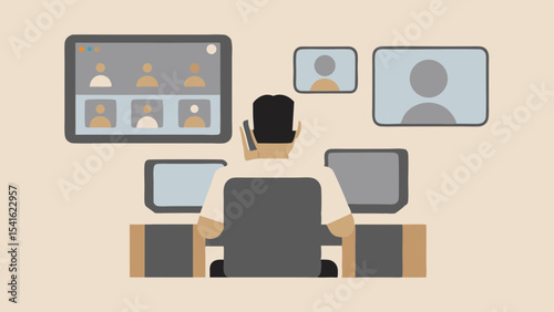 Person in a video conference with multiple screens and participants in a beige environment setup