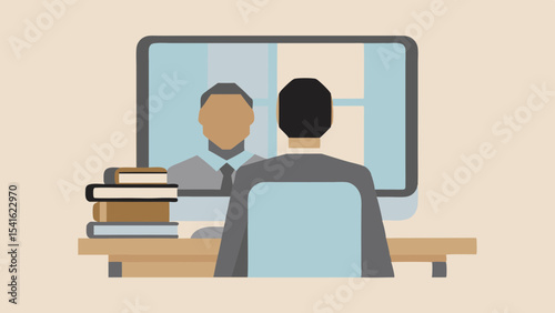 Person attending a video conference with books on the desk and a computer monitor displayed
