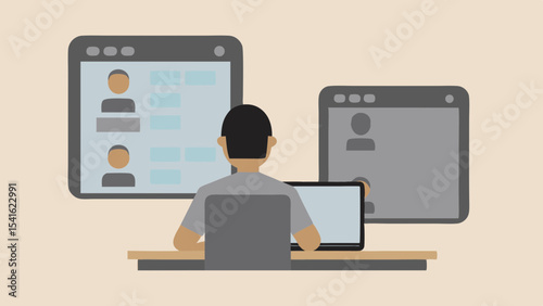 Person working on laptop with two windows displaying profiles and information on a light background