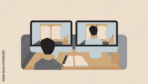 Person attending online meeting with two screens and notebook on a light brown table top view