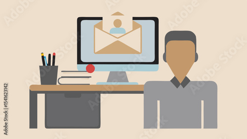 Illustration of a person sitting at a desk with a computer showing an email notification icon