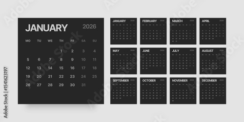 Monthly calendar layout for 2026 year. Planner Square diary for 2026 year in dark color. Week Starts on Monday. 