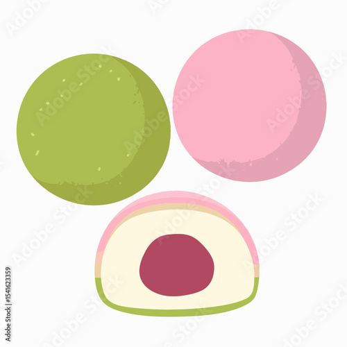 Three mochi two circular one bisected Green pink and beanfilled