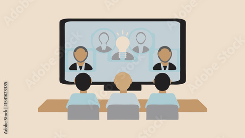 People attending a virtual meeting with a lightbulb idea on a computer screen display in an office