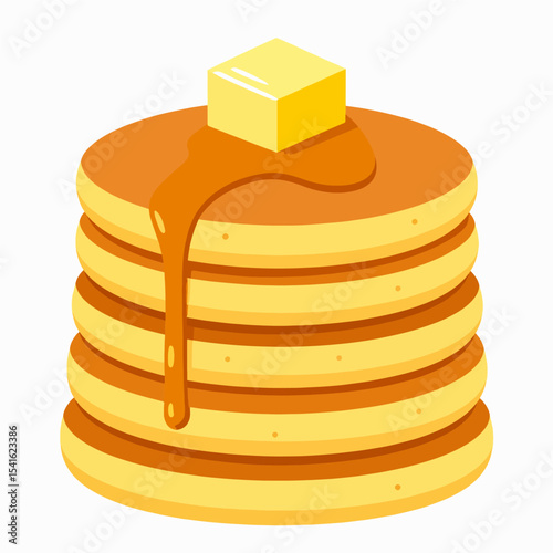 Stack of 5 pancakes drizzled with syrup topped with a cube of butter