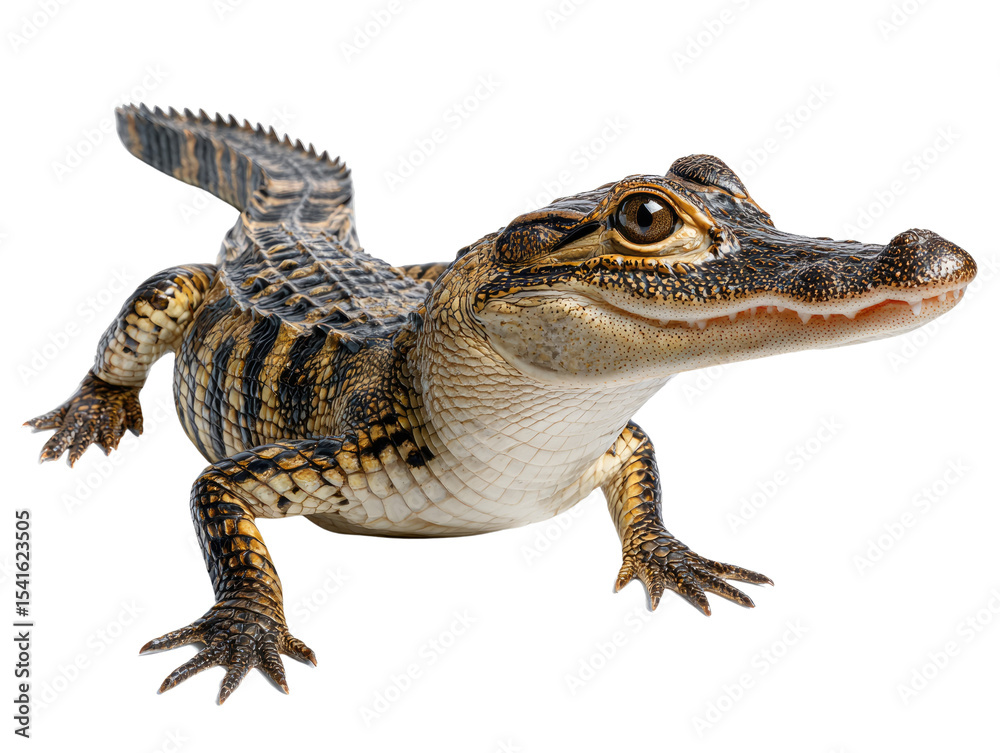 Naklejka premium Baby Alligator in Action: A captivating photo presents a baby alligator in a studio-shot pose, showcasing its distinct features and textures, revealing the essence of wild life.