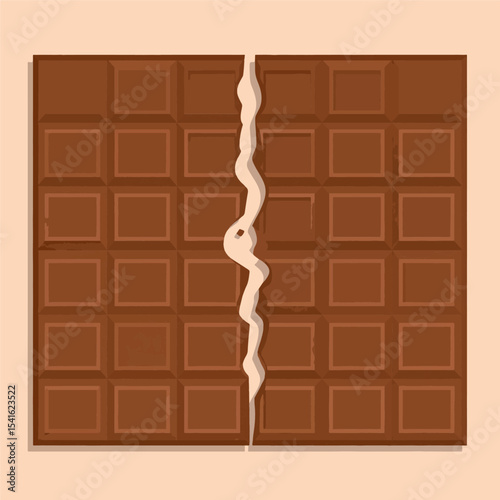 Square chocolate bar broken in half with a jagged beige dividing line on a beige background