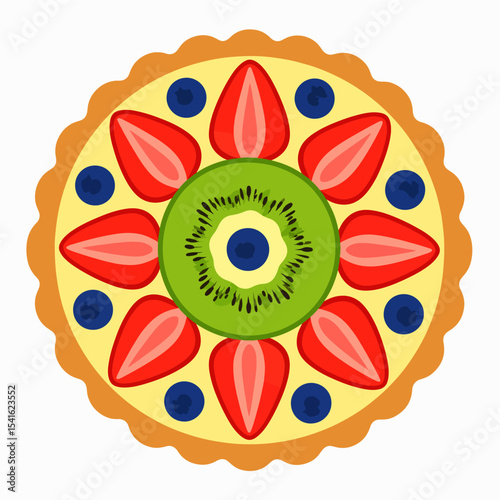 A vibrant fruit tart showcases a circular crust filled with custard and topped with strawberries blueberries and kiwi