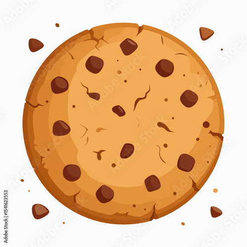 A chocolate chip cookie illustration with crumbs scattered around it set against a white background