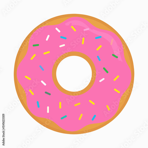 A cartoon depiction of a donut with pink frosting and colorful sprinkles set against a white background