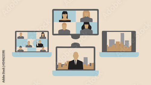 Illustration of multiple screens displaying video conference calls and city skyline views online