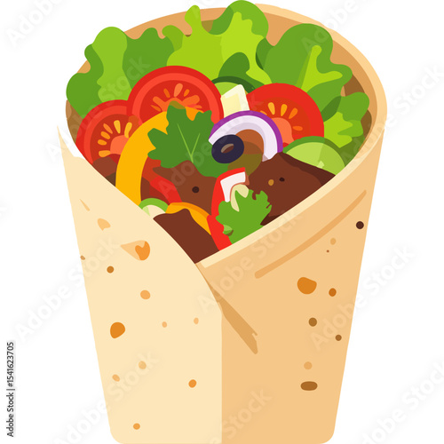 A vibrant cartoon wrap features lettuce tomato beef onion pepper and olive in a lighttan tortilla