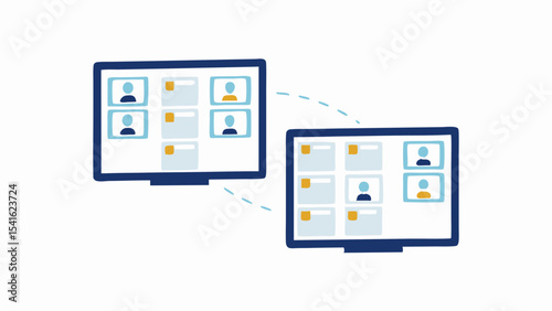 Two computer screens displaying video conference calls connected by a dotted line connection