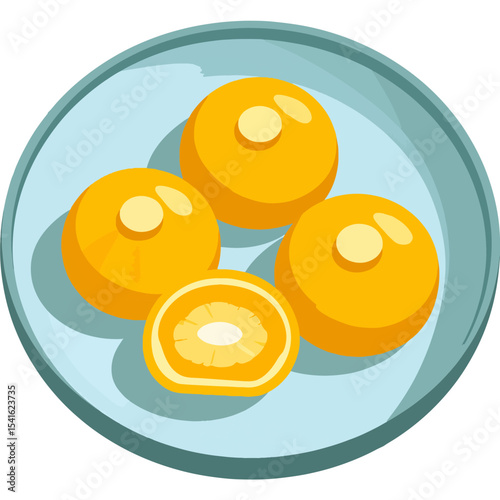 A round plate holding 3 orange pastries  a sliced one all with lightyellow toppingfilling casting subtle shadows on the plate