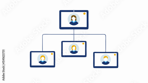 Illustration of a video conference call with three participants connected in a network diagram style