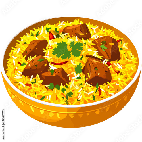 A bowl of biryani with meat saffron rice and garnish