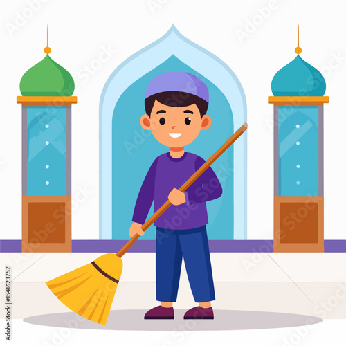 A child sweeps in front of an arched building flanked by domed structures